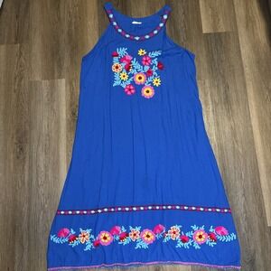Gaby Gracie Blue Floral Rainbow Maxi‎ Dress 3X Embroidered Mexican Beach Summer